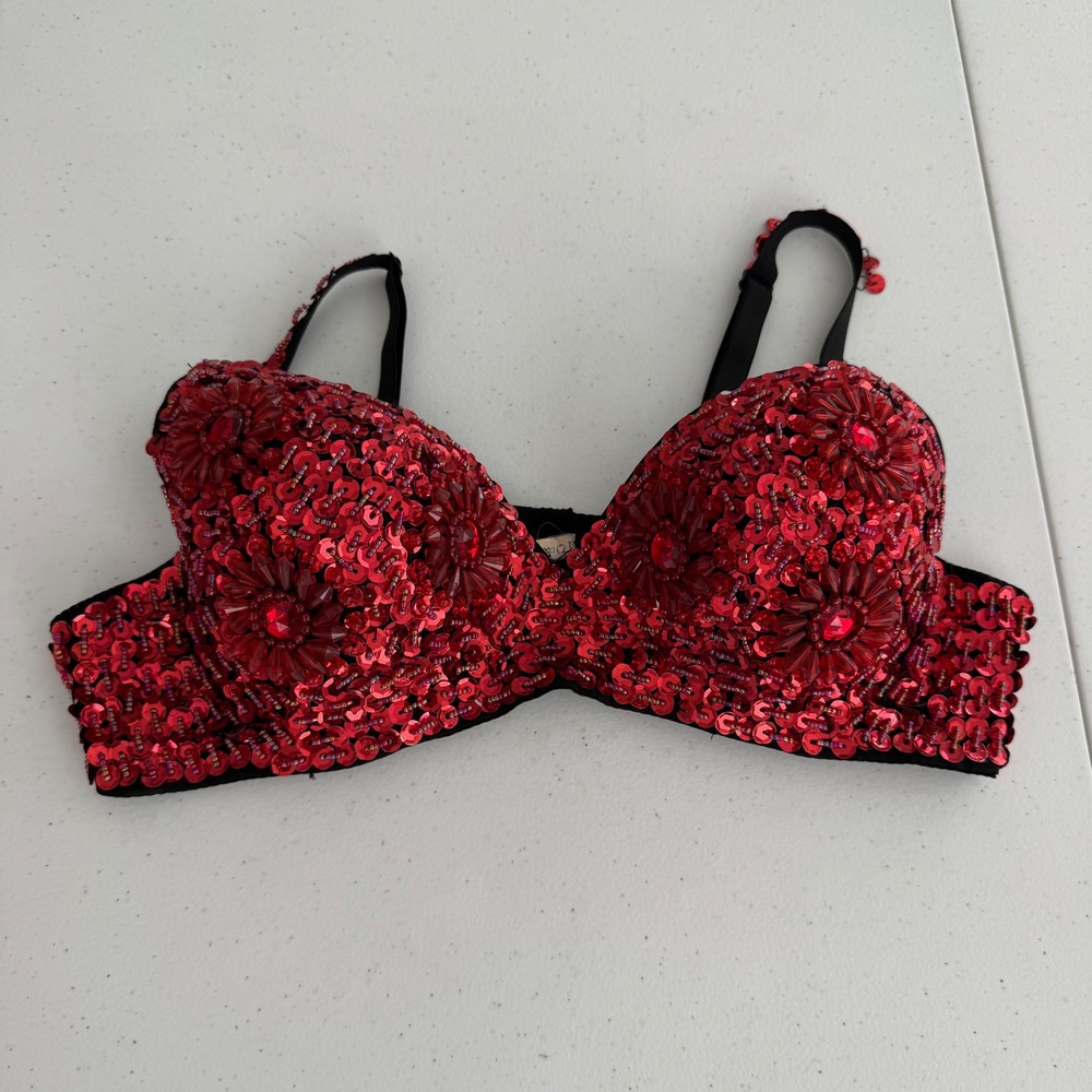 Vintage Belly Dance Burlesque Rave Red Sequin Beaded Bra Top Womens Size 38/85